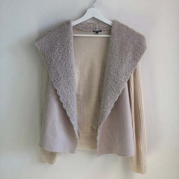 21 Main faux fur suede collared knit cream cardigan jacket large - Picture 1 of 3